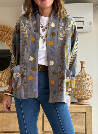 Kimono Velvet Bordado Gris