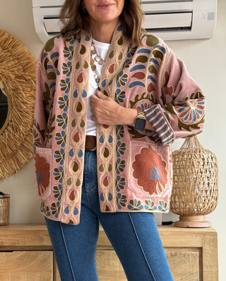 Kimono Velvet Bordado Rosa