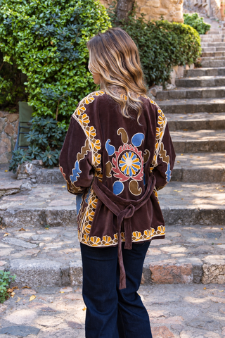 Chaqueta Kimono Bordada Chocolate