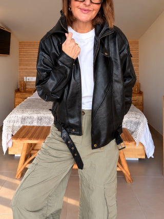 Chaqueta biker oversize negra efecto piel - foto 4