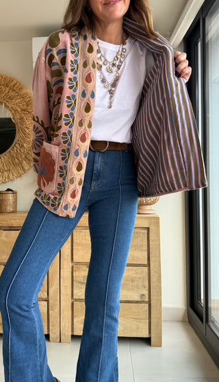 Kimono Velvet Bordado Rosa