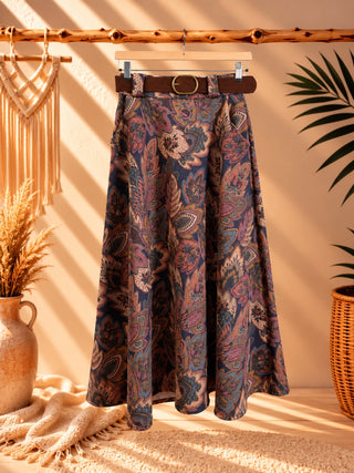 Falda midi estampado paisley con cinturón