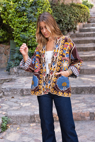 Chaqueta Kimono Bordada Chocolate