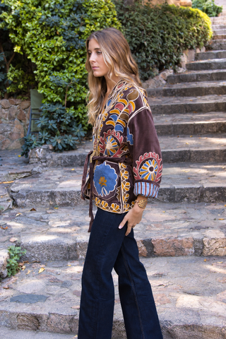 Chaqueta Kimono Bordada Chocolate