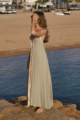 Vestido Largo Boho Aplique Dorado
