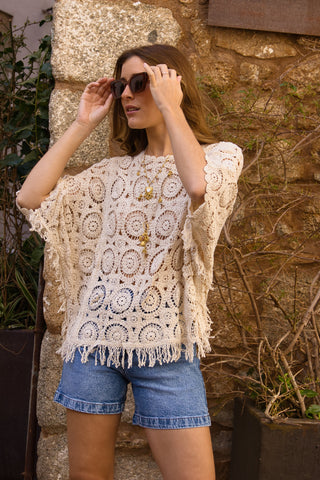 Top Poncho Crochet Boho Natural