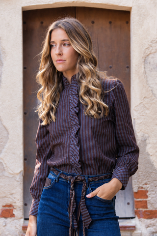 Camisa Brown Ruffle Stripes