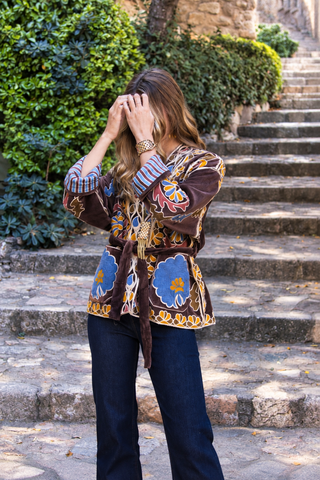 Chaqueta Kimono Bordada Chocolate