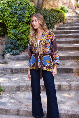 Chaqueta Kimono Bordada Chocolate