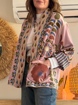 Kimono Velvet Bordado Rosa