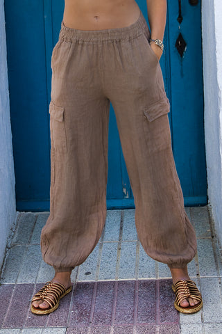 Pantalon Lino Cargo Camel