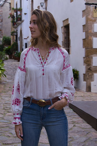 Blusa bordada boho rosa