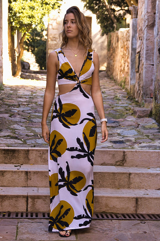 Vestido Aura Palmeras Mostaza